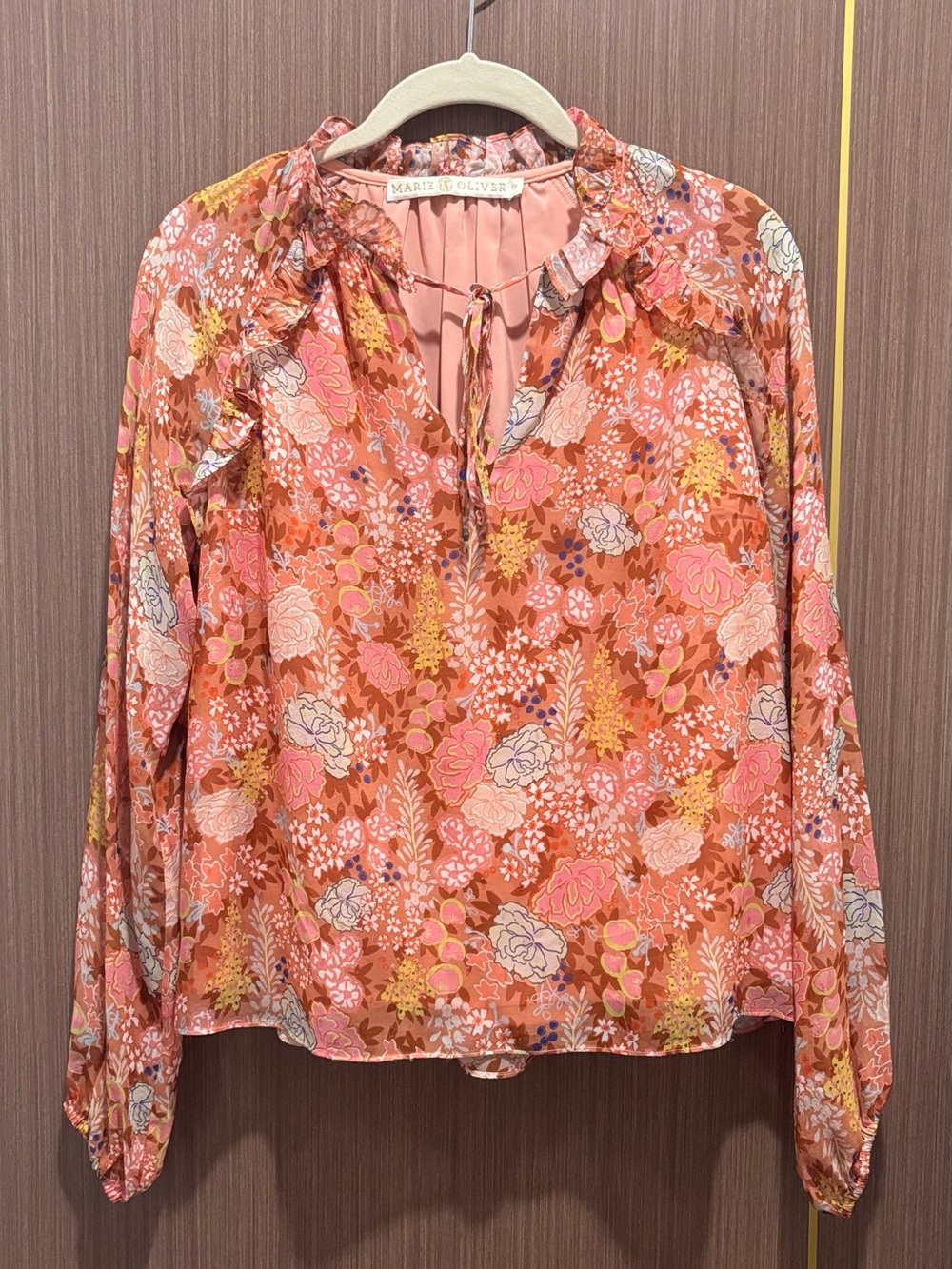 Marie Oliver Silk Metallic Floral Blouse Ruffle Collar Tie Neck Top XS